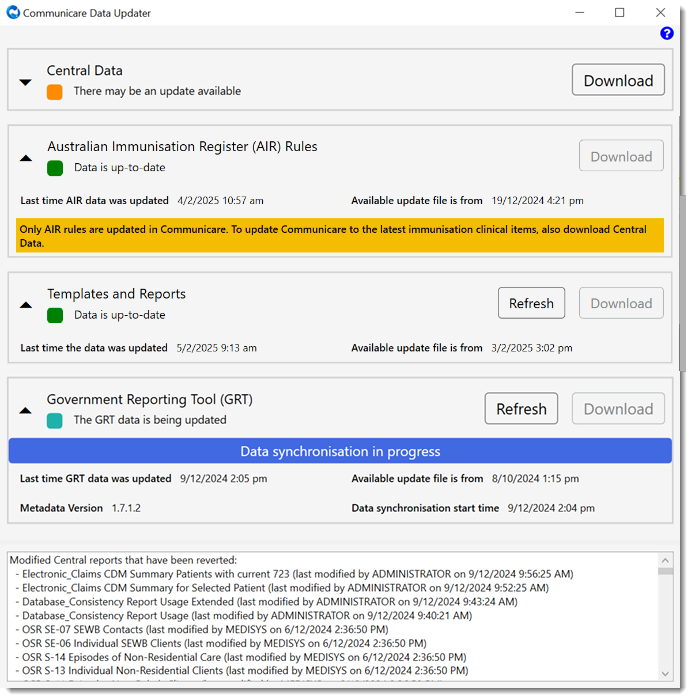 Example current data in the Data Updater
