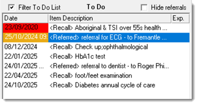 Example To Do list showing colour coding